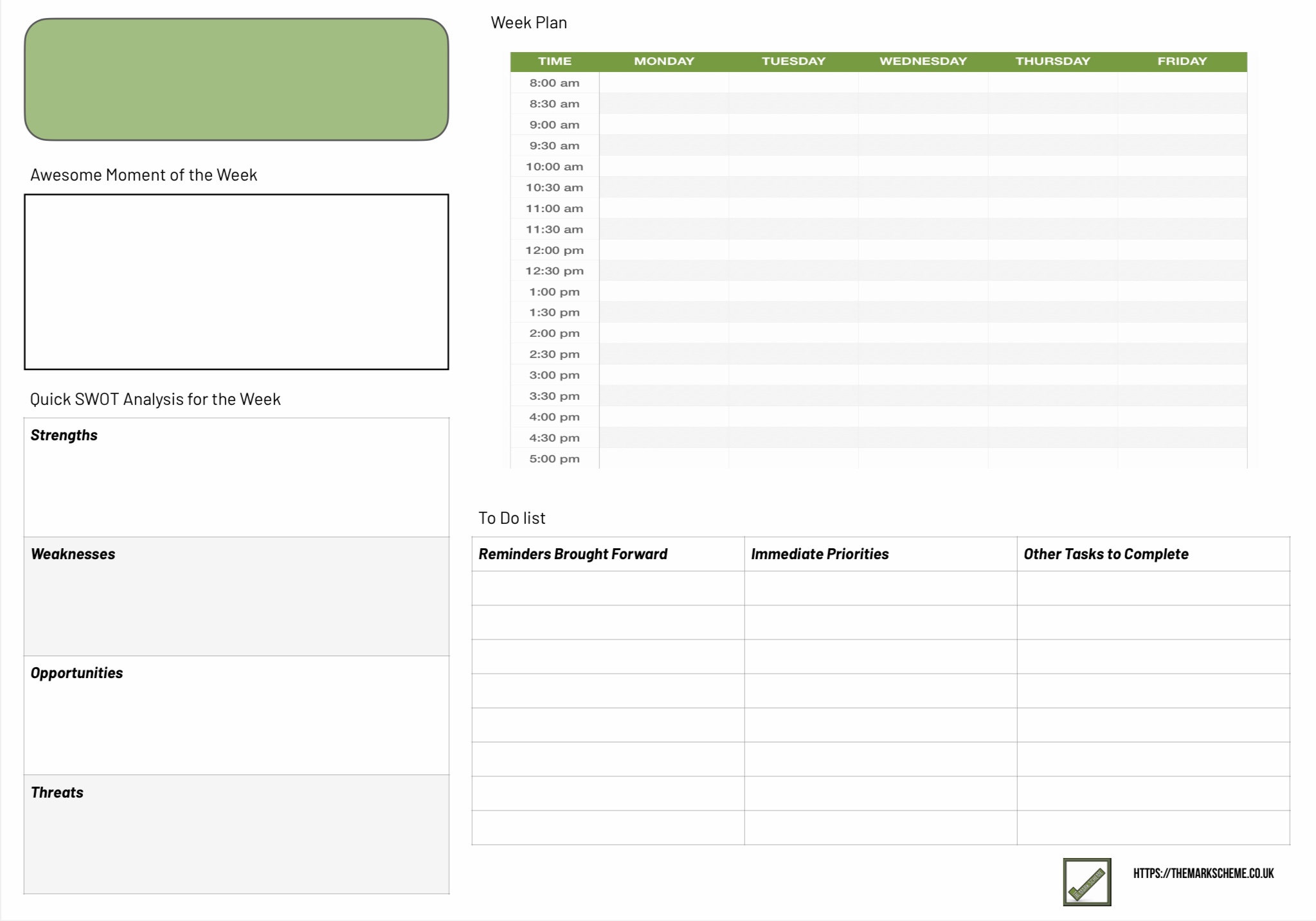 Academic Diary Template (Week Plan)